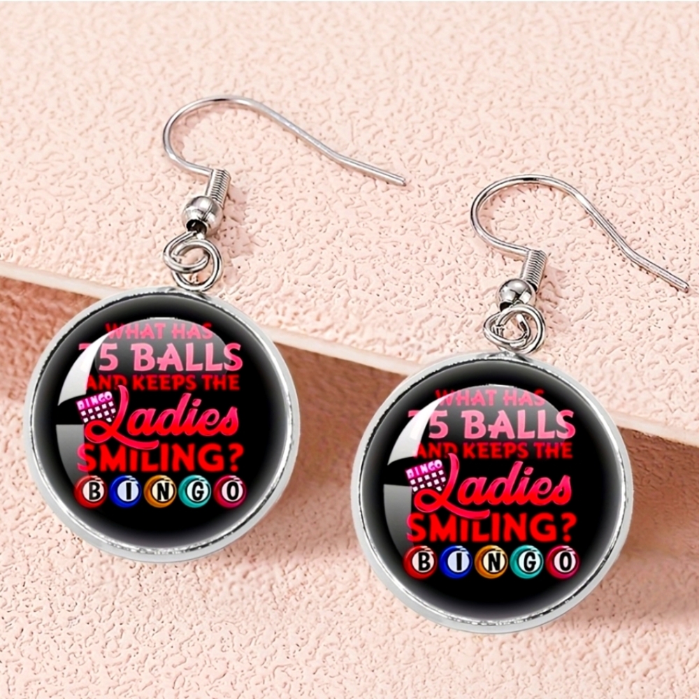 BINGO "What has 75 balls & keeps the ladies smiling..Bingo!" Dangle Earrings NWT